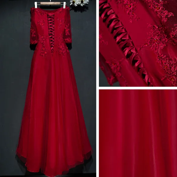 Chic / Beautiful Red Formal Dresses Evening Dresses 2017 Lace Flower Sequins Off-The-Shoulder 1/2 Sleeves Ankle Length A-Line / Princess