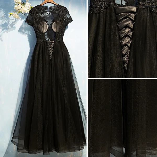 Elegant Black Formal Dresses 2017 Lace Flower Sequins Backless Ankle Length Short Sleeve A-Line / Princess Evening Dresses