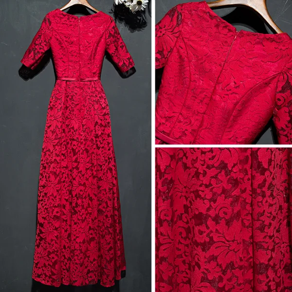 Chic / Belle Rouge Robe De Ceremonie 2017 En Dentelle Fleur Encolure Dégagée 1/2 Manches Longueur Cheville Princesse Robe De Soirée