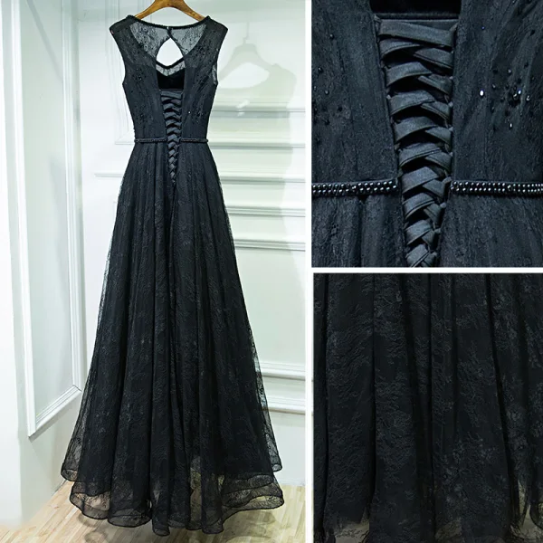 Black Elegant Formal Dresses Lace Flower Strappy Sequins Ankle Length V-Neck Sleeveless Ball Gown A-Line / Princess 2017 Evening Dresses