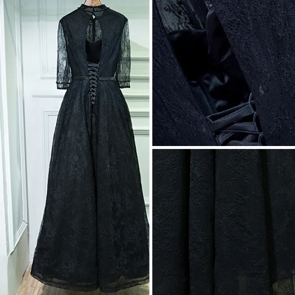 Classic Black Formal Dresses 2017 Lace Flower Sequins Pearl 3/4 Sleeve Ankle Length A-Line / Princess Evening Dresses