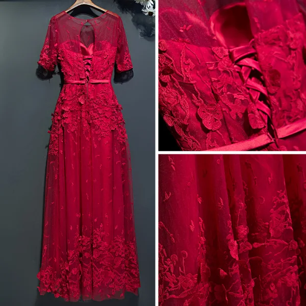 Chic / Beautiful Red Formal Dresses 2017 Lace Flower Strappy 1/2 Sleeves Ankle Length Empire Evening Dresses