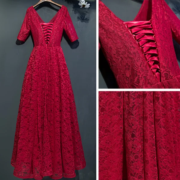 Chic / Belle Rouge Robe De Ceremonie 2017 En Dentelle Fleur Dos Nu 1/2 Manches V-Cou Longueur Cheville Empire Robe De Soirée