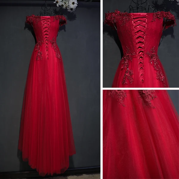 Chic / Beautiful Red Formal Dresses Evening Dresses 2017 Lace Flower Strappy Sequins Square Neckline Short Sleeve Empire