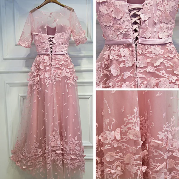 Lovely Candy Pink Formal Dresses 2017 Lace Flower Strappy Scoop Neck 1/2 Sleeves Tea-length A-Line / Princess Prom Dresses