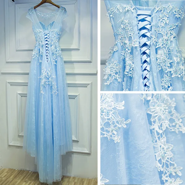 Elegant Sky Blue Wedding Party Dresses 2017 Empire Lace Flower Beading Scoop Neck Short Sleeve Tea-length Bridesmaid Dresses