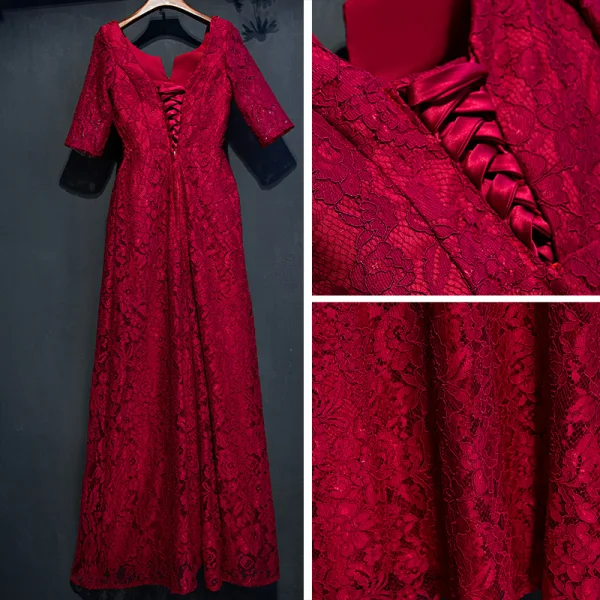 Chic / Belle Rouge Robe De Ceremonie 2017 Princesse En Dentelle Fleur Perlage Encolure Dégagée 1/2 Manches Longueur Cheville Robe De Soirée