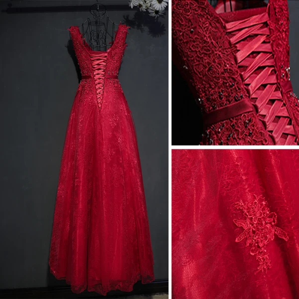 Chic / Beautiful Red Formal Dresses 2017 Lace Flower Sequins Pearl V-Neck Sleeveless Floor-Length / Long Empire Evening Dresses