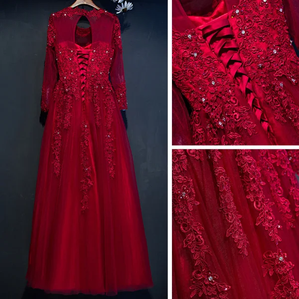Chic / Belle Rouge Robe De Ceremonie 2017 Princesse Dentelle Fleur Perlage Cristal Encolure Dégagée Manches Longues Longue Robe De Soirée