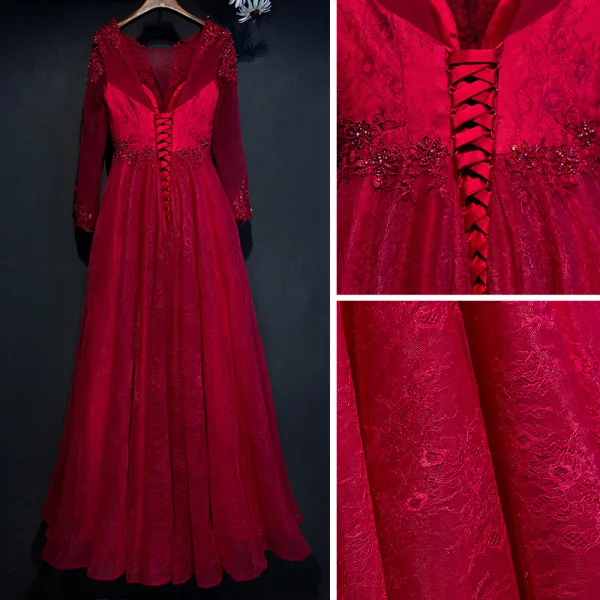 Chic / Belle Rouge Robe De Ceremonie 2017 Fleur Dentelle Perlage 3/4 Manches Longue Princesse Robe De Soirée