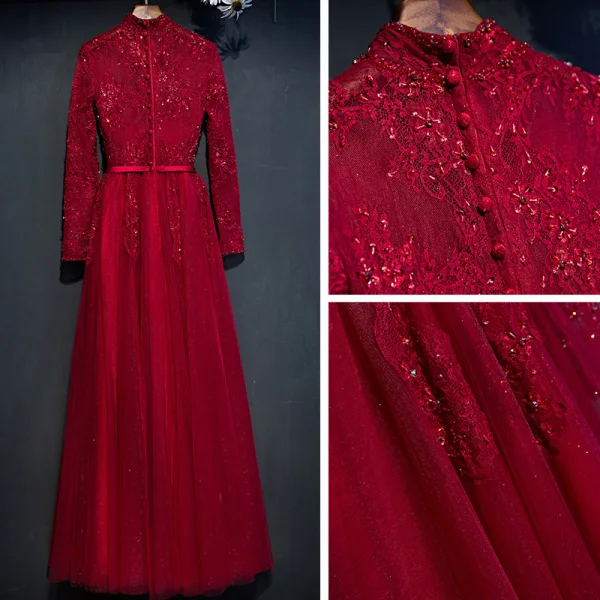 Chic / Beautiful Red Formal Dresses 2017 A-Line / Princess Lace Flower Beading High Neck Floor-Length / Long Long Sleeve Evening Dresses