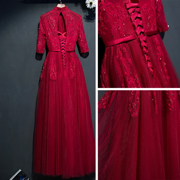 Chic / Belle Rouge Robe De Ceremonie Robe De Soirée 2017 En Dentelle Fleur Noeud Paillettes Col Haut 1/2 Manches Longueur Cheville Princesse