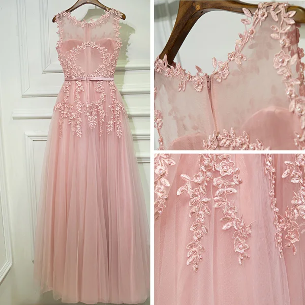 Chic / Beautiful Bridesmaid Dresses 2017 A-Line / Princess Lace Flower Pearl Strappy Sleeveless Ankle Length Wedding Party Dresses