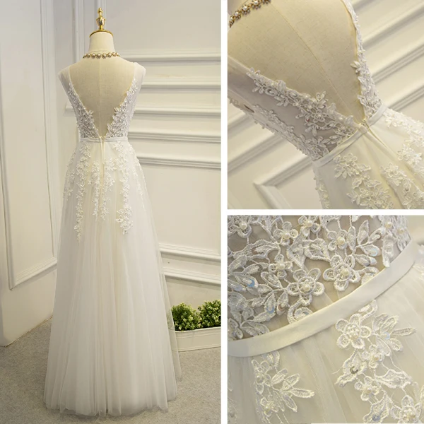 Elegant White Formal Dresses 2017 A-Line / Princess Lace Flower Pearl Strappy Sequins Short Sleeve Floor-Length / Long Prom Dresses