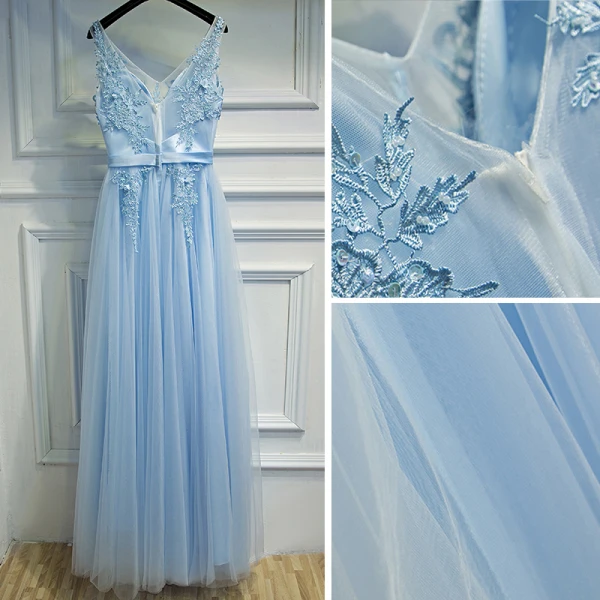 Elegant Sky Blue Bridesmaid Dresses 2017 A-Line / Princess Lace Flower Beading Backless V-Neck Sleeveless Ankle Length Wedding Party Dresses