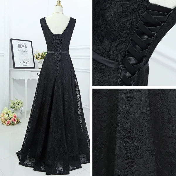Classic Black Formal Dresses 2017 A-Line / Princess Lace Flower Bow V-Neck Sleeveless Floor-Length / Long Evening Dresses