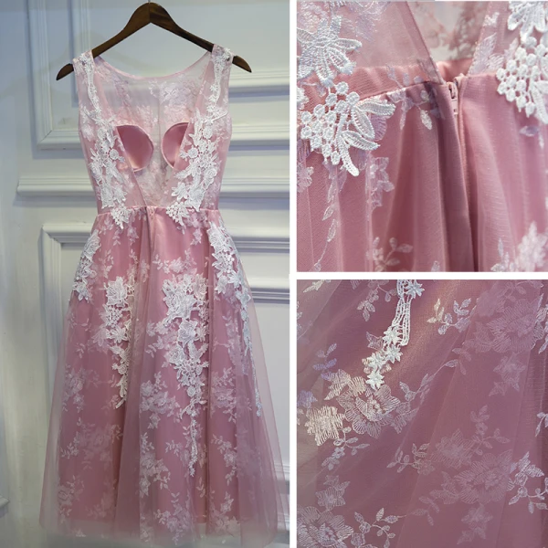 Lovely Candy Pink Graduation Dresses 2017 Lace Flower Backless Scoop Neck Sleeveless Short A-Line / Princess Formal Dresses