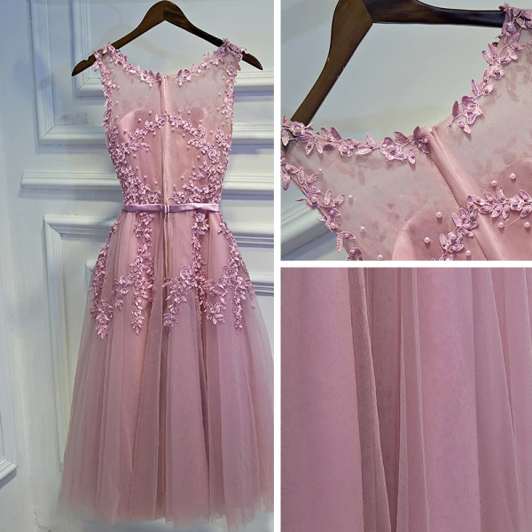 Modest / Simple Candy Pink Bridesmaid Dresses 2017 A-Line / Princess Lace Flower Beading Scoop Neck Sleeveless Short Wedding Party Dresses