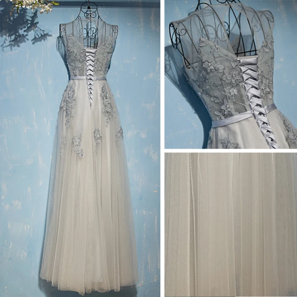 Chic / Belle Gris Robe Pour Mariage 2017 En Dentelle Fleur Paillettes Lanières Sans Manches Encolure Dégagée Longueur Cheville Empire Robe Demoiselle D'honneur