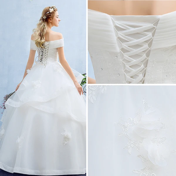 Elegant Wedding Dresses 2017 Ball Gown Flower Lace Backless Sequins Off-The-Shoulder Short Sleeve Floor-Length / Long