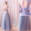 Elegant Sky Blue Prom Dresses 2019 A-Line / Princess Scoop Neck Glitter Sequins Tulle Sleeveless Backless Floor-Length / Long Formal Dresses
