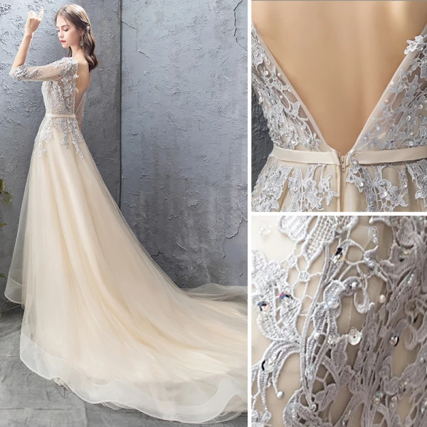 Élégant Champagne Robe De Soirée 2019 Princesse Encolure Dégagée En Dentelle Fleur Cristal Perlage Paillettes 1/2 Manches Dos Nu Chapel Train Robe De Ceremonie