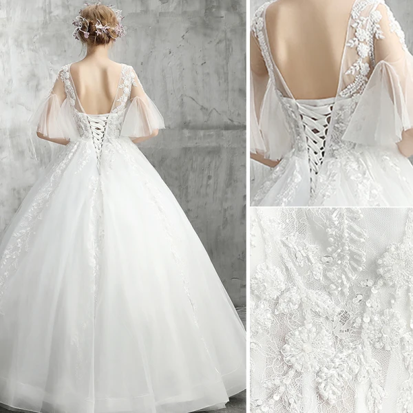 Elegante Weiß Brautkleider / Hochzeitskleider 2019 Ballkleid Rundhalsausschnitt Perlenstickerei Kristall Pailletten Blumen Spitze 1/2 Ärmel Rückenfreies Lange