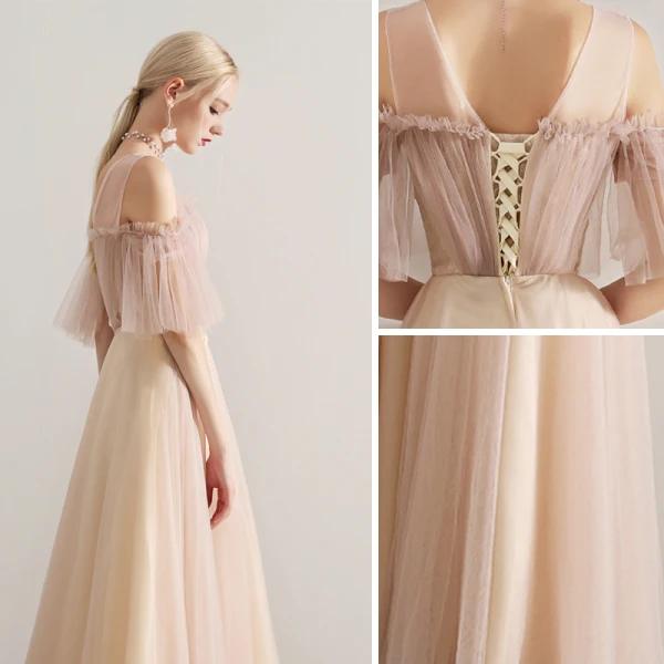 Elegant Champagne Prom Dresses 2019 A-Line / Princess Scoop Neck Beading Lace Appliques Ruffle Short Sleeve Backless Floor-Length / Long Formal Dresses