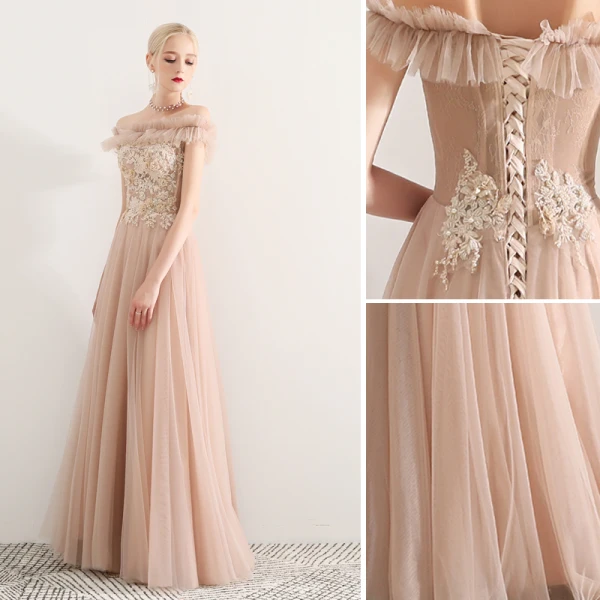 Élégant Champagne Robe De Bal 2019 Princesse De l'épaule En Dentelle Appliques Perlage Cristal Perle Faux Diamant Volants Manches Courtes Dos Nu Longue Robe De Ceremonie