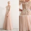 Élégant Champagne Robe De Bal 2019 Princesse De l'épaule En Dentelle Appliques Perlage Cristal Perle Faux Diamant Volants Manches Courtes Dos Nu Longue Robe De Ceremonie