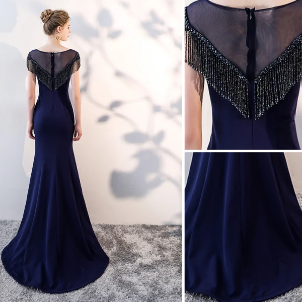 Chic / Belle Bleu Marine Robe De Soirée 2019 Trompette / Sirène Encolure Dégagée Perlage Gland Sans Manches Robe De Ceremonie