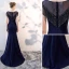 Chic / Belle Bleu Marine Robe De Soirée 2019 Trompette / Sirène Encolure Dégagée Perlage Gland Sans Manches Robe De Ceremonie