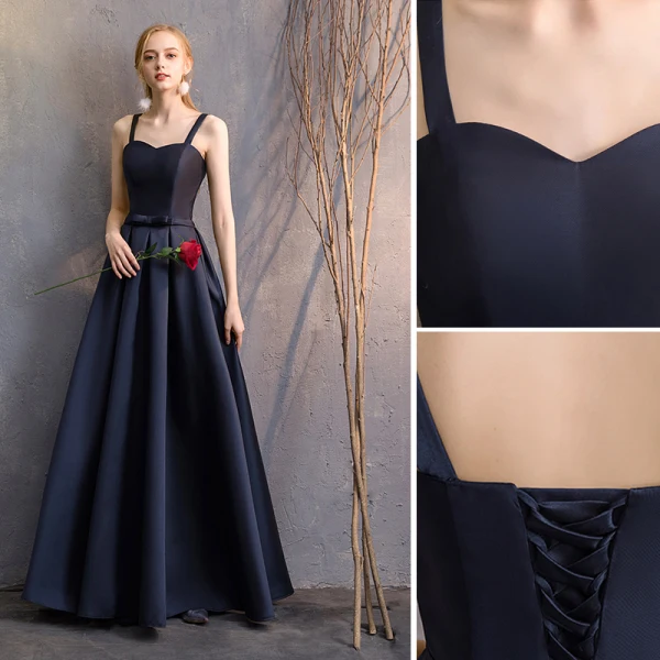 Modest / Simple Navy Blue A-Line / Princess Bridesmaid Dresses 2019 Bow Backless Floor-Length / Long Wedding Party Dresses