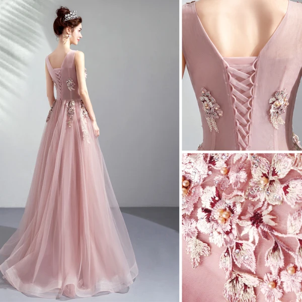 Chic / Beautiful Pearl Pink Prom Dresses 2019 A-Line / Princess Scoop Neck Embroidered Pearl Rhinestone Sleeveless Backless Floor-Length / Long Formal Dresses