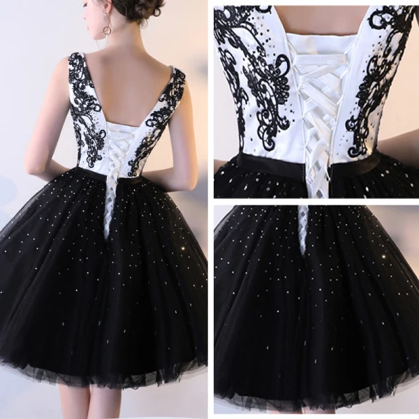 Sexy Noir Robe De Graduation 2017 Robe Boule En Dentelle Fleur Dos Nu Paillettes Faux Diamant Encolure Carrée Sans Manches Courte Robe De Ceremonie