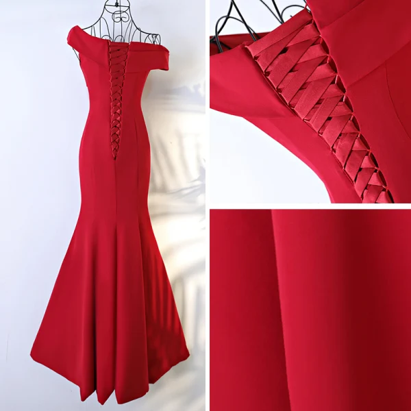 Sexy Rouge Robe De Ceremonie 2017 Trompette / Sirène Volants en Cascade Une épaule Dos Nu Manches Courtes Longue Robe De Soirée