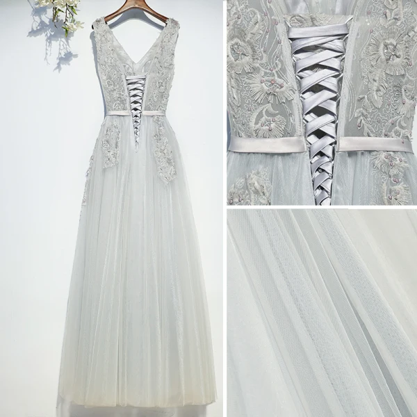Chic / Beautiful Silver Bridesmaid Dresses 2017 A-Line / Princess Tea-length Lace Appliques Flower Pearl Crossed Straps V-Neck Sleeveless Bridesmaid