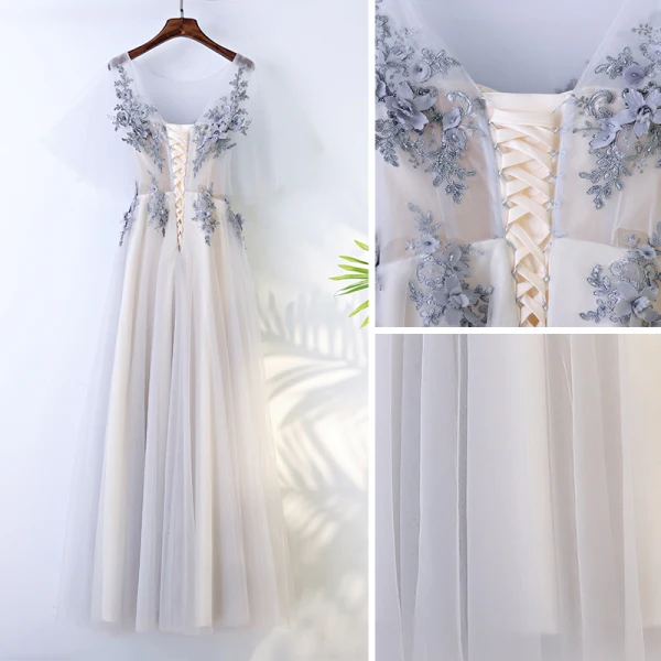 Chic / Beautiful White Bridesmaid Dresses 2017 A-Line / Princess Crossed Straps Appliques Beading Lace Scoop Neck 1/2 Sleeves Tea-length