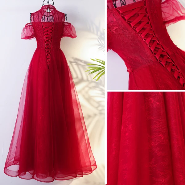 Chic / Beautiful Red Chinese style Evening Dresses 2017 A-Line / Princess High Neck Short Sleeve Crossed Straps Appliques Beading Flower Floor-Length / Long Evening Party