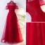 Chic / Beautiful Red Chinese style Evening Dresses  2017 A-Line / Princess High Neck Short Sleeve Crossed Straps Appliques Beading Flower Floor-Length / Long Evening Party
