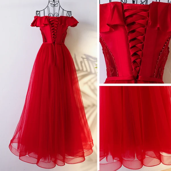 Chic / Beautiful Red Chinese style Evening Dresses 2017 A-Line / Princess Off-The-Shoulder Crossed Straps Short Sleeve Beading Sequins Floor-Length / Long Evening Party