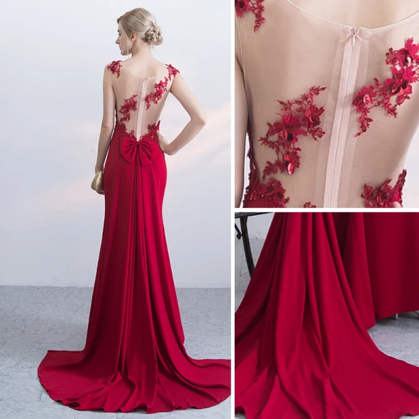 Chic / Beautiful Red Evening Dresses 2017 Trumpet / Mermaid Zipper Up Beading Bow Lace Flower Sequins Sleeveless Scoop Neck Court Train Evening Party