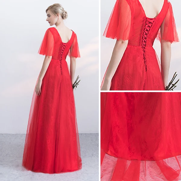 Chic / Beautiful Red Evening Dresses  2017 A-Line / Princess Appliques Lace Flower Crossed Straps Beading Scoop Neck Backless 1/2 Sleeves Floor-Length / Long Evening Party