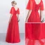 Chic / Beautiful Red Evening Dresses  2017 A-Line / Princess Appliques Lace Flower Crossed Straps Beading Scoop Neck Backless 1/2 Sleeves Floor-Length / Long Evening Party