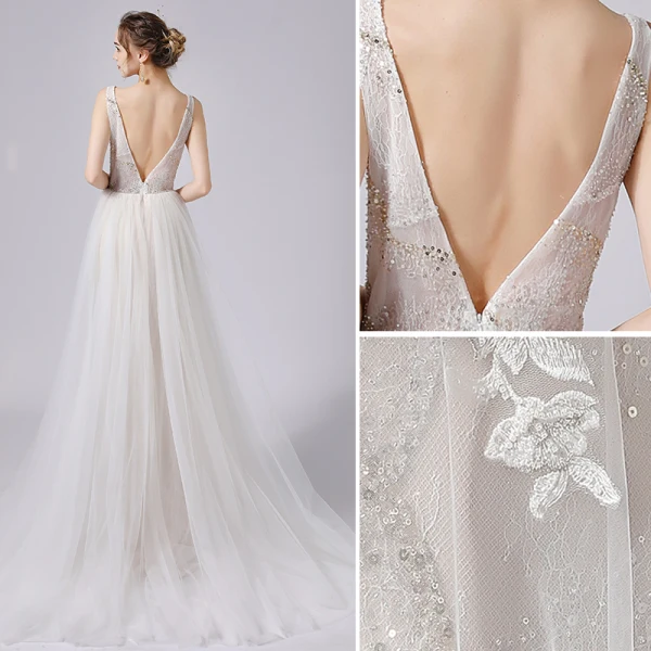 Modern / Fashion Ivory Wedding Dresses 2021 A-Line / Princess Beading Pearl Sequins Lace Flower Deep V-Neck Sleeveless Backless Sweep Train Wedding