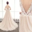 Modern / Fashion Champagne Wedding Dresses 2019 A-Line / Princess V-Neck Beading Pearl Lace Flower Sleeveless Backless Court Train