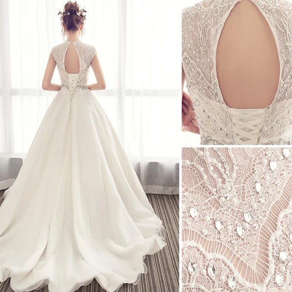 Luxury / Gorgeous Ivory Wedding Dresses 2019 A-Line / Princess High Neck Beading Crystal Lace Flower Pearl Sleeveless Backless Court Train