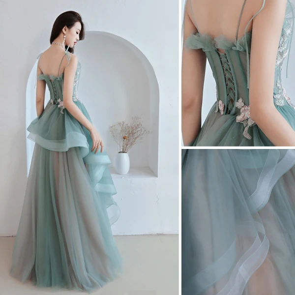 Modern / Fashion Jade Green Prom Dresses 2019 A-Line / Princess Spaghetti Straps Appliques Lace Sleeveless Backless Cascading Ruffles Floor-Length / Long Formal Dresses
