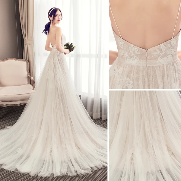 Élégant Champagne Plissée Robe De Mariée 2019 Princesse Bretelles Spaghetti En Dentelle Fleur Sans Manches Dos Nu Tribunal Train