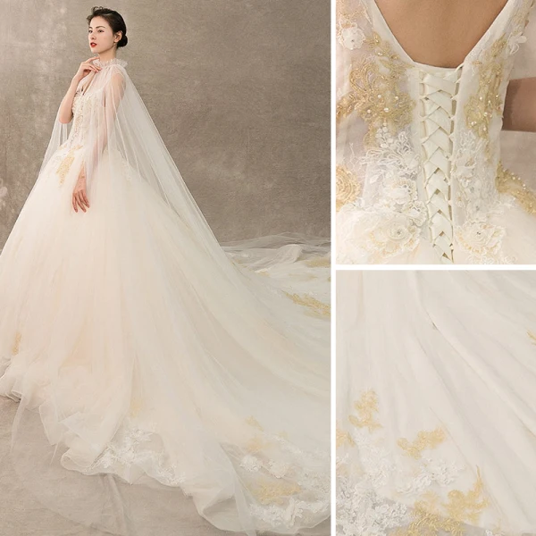 Luxury / Gorgeous Champagne Wedding Dresses 2019 A-Line / Princess Spaghetti Straps Beading Pearl Crystal Sleeveless Backless Lace Flower Royal Train